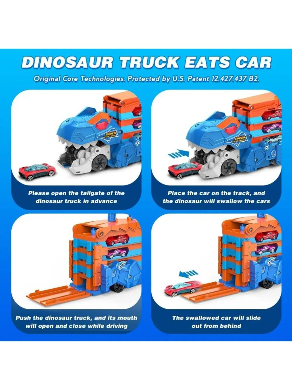 Dinosaur Transport Truck Toy - 3-in-1 Ejection Track Set with Sound & 8 Race